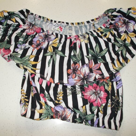 Off the shoulder black and white strips top with colorful flowers - Picture 1 of 1